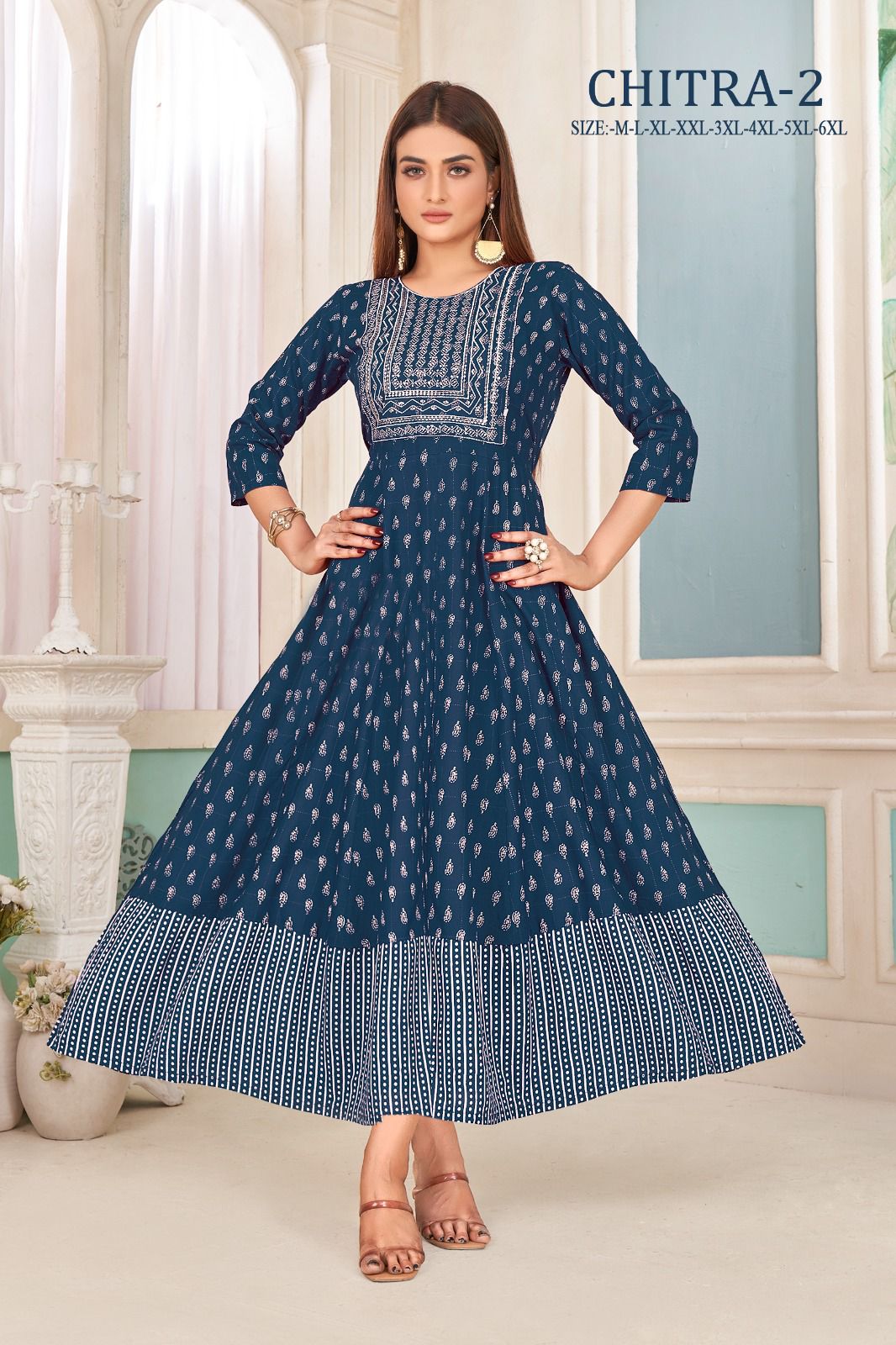 Chitra 2 Rayon Gold Print Long Anarkali Kurtis Catalog